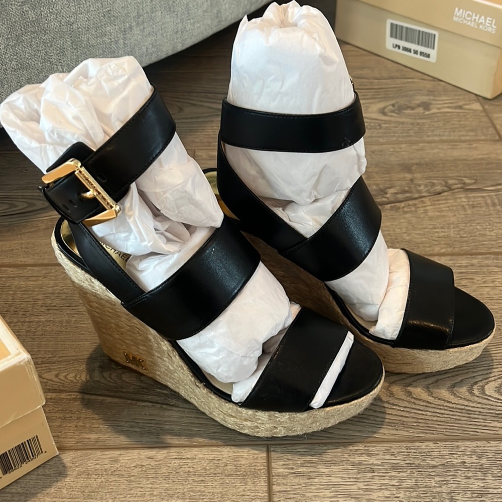Michael Kors Poesy Ankle Strap Black Wedges size 7M